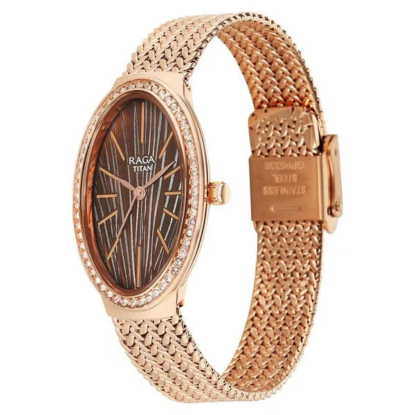 Titan Raga Glimmers Quartz Analog Brown Mother Of Pearl Dial Rose Gold Metal Strap Watch For Women nu95338wm01f