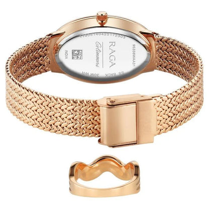 Titan Raga Glimmers Quartz Analog Brown Mother Of Pearl Dial Rose Gold Metal Strap Watch For Women nu95338wm01f