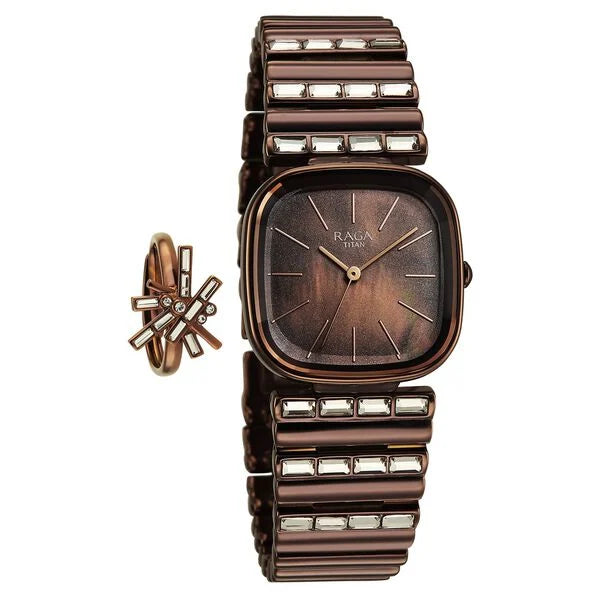 Titan Raga Glimmers Quartz Analog Brown Mother Of Pearl Dial Brown Metal Strap Watch For Women 95339qm01f