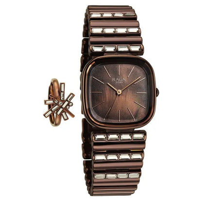 Titan Raga Glimmers Quartz Analog Brown Mother Of Pearl Dial Brown Metal Strap Watch For Women 95339qm01f