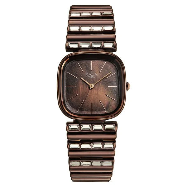 Titan Raga Glimmers Quartz Analog Brown Mother Of Pearl Dial Brown Metal Strap Watch For Women 95339qm01f