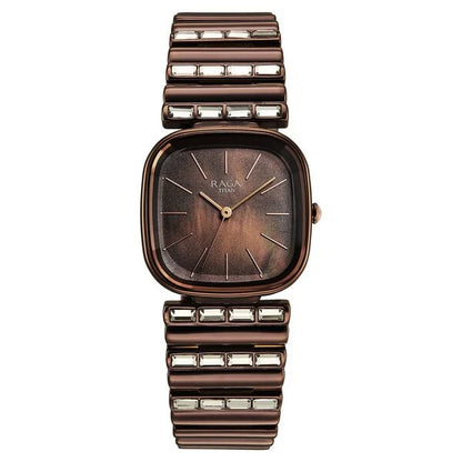 Titan Raga Glimmers Quartz Analog Brown Mother Of Pearl Dial Brown Metal Strap Watch For Women 95339qm01f