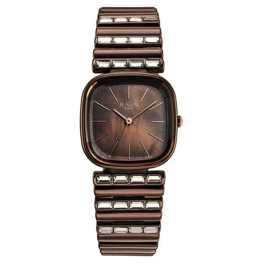 Titan Raga Glimmers Quartz Analog Brown Mother Of Pearl Dial Brown Metal Strap Watch For Women 95339qm01f