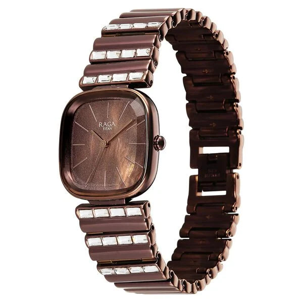 Titan Raga Glimmers Quartz Analog Brown Mother Of Pearl Dial Brown Metal Strap Watch For Women 95339qm01f
