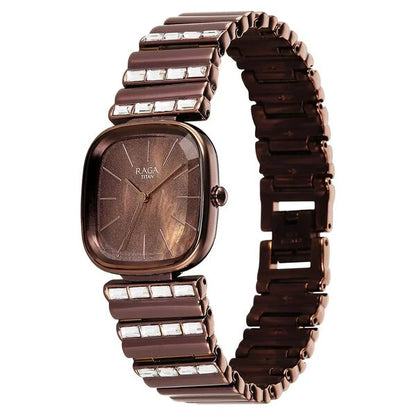 Titan Raga Glimmers Quartz Analog Brown Mother Of Pearl Dial Brown Metal Strap Watch For Women 95339qm01f
