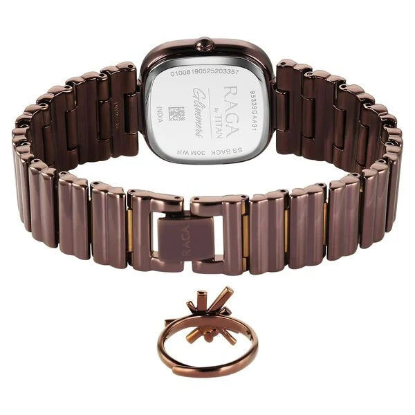 Titan Raga Glimmers Quartz Analog Brown Mother Of Pearl Dial Brown Metal Strap Watch For Women 95339qm01f