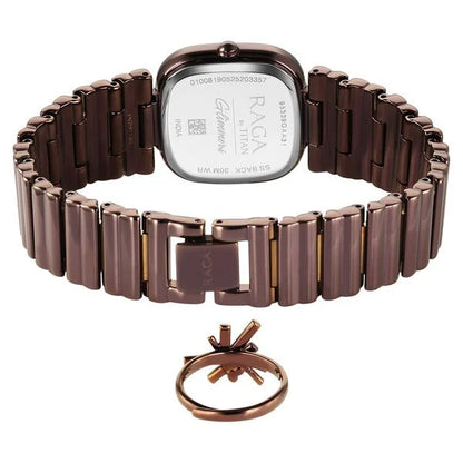 Titan Raga Glimmers Quartz Analog Brown Mother Of Pearl Dial Brown Metal Strap Watch For Women 95339qm01f