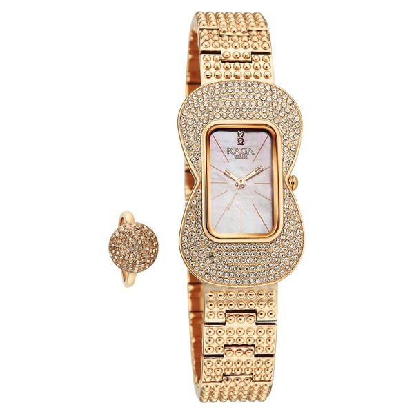 Titan Raga Glimmers Quartz Analog Pink Mother Of Pearl Dial Rose Gold Metal Strap Watch For Women 95340wm01f
