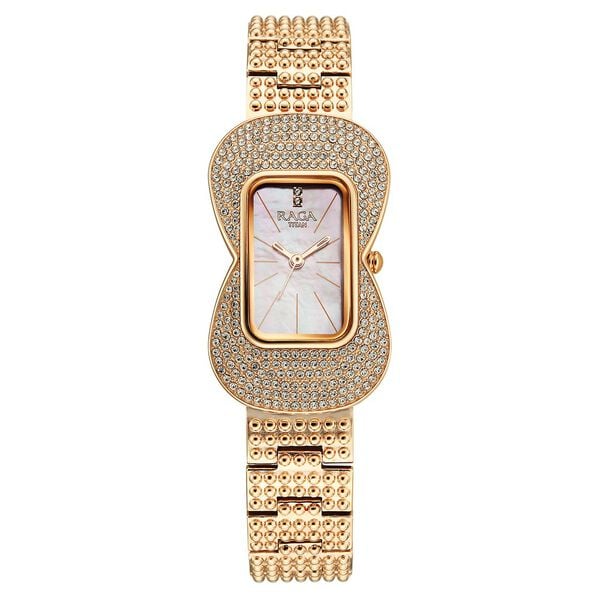Titan Raga Glimmers Quartz Analog Pink Mother Of Pearl Dial Rose Gold Metal Strap Watch For Women 95340wm01f