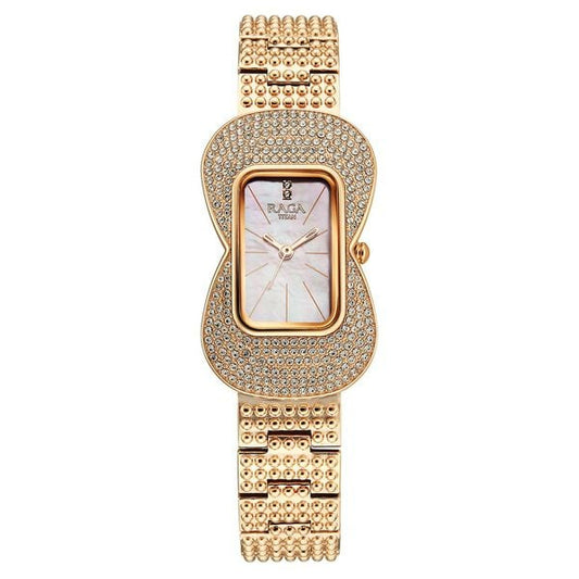 Titan Raga Glimmers Quartz Analog Pink Mother Of Pearl Dial Rose Gold Metal Strap Watch For Women 95340wm01f