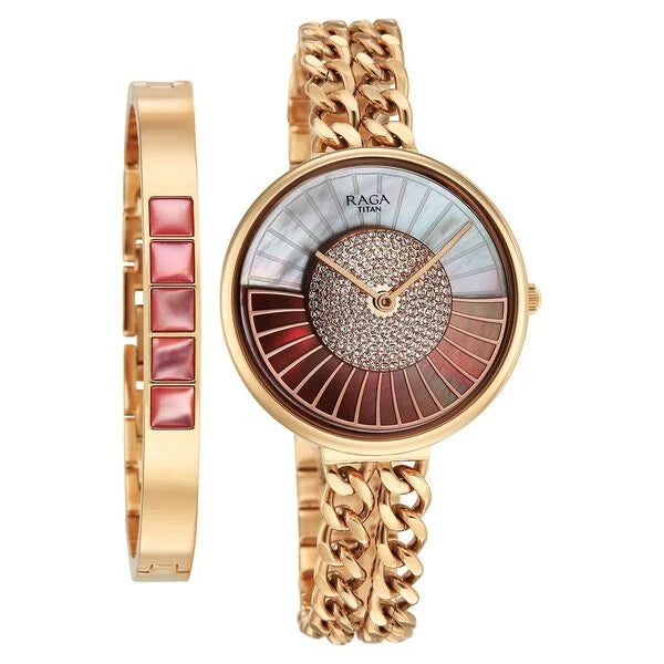 Titan Raga Glimmers Quartz Analog Mother of Pearl Dial Rose Gold Stainless Steel Strap Watch For Women 95342wm01f