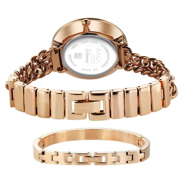 Titan Raga Glimmers Quartz Analog Mother of Pearl Dial Rose Gold Stainless Steel Strap Watch For Women 95342wm01f