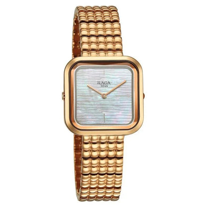Titan Raga Glimmers Quartz Analog Mother of Pearl Dial Rose Gold Metal Strap Watch For Women 95343wm01