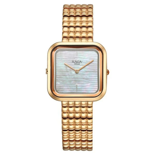 Titan Raga Glimmers Quartz Analog Mother of Pearl Dial Rose Gold Metal Strap Watch For Women 95343wm01