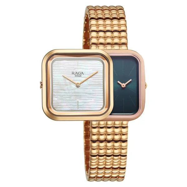 Titan Raga Glimmers Quartz Analog Mother of Pearl Dial Rose Gold Metal Strap Watch For Women 95343wm01