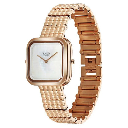 Titan Raga Glimmers Quartz Analog Mother of Pearl Dial Rose Gold Metal Strap Watch For Women 95343wm01