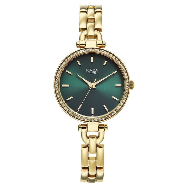 Titan Raga Showstopper Quartz Analog Green Dial Golden Metal Strap Watch For Women nu95345ym01