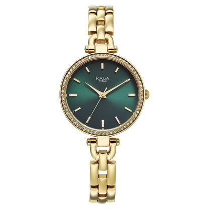 Titan Raga Showstopper Quartz Analog Green Dial Golden Metal Strap Watch For Women nu95345ym01