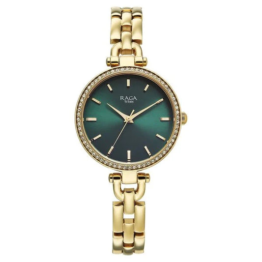 Titan Raga Showstopper Quartz Analog Green Dial Golden Metal Strap Watch For Women nu95345ym01
