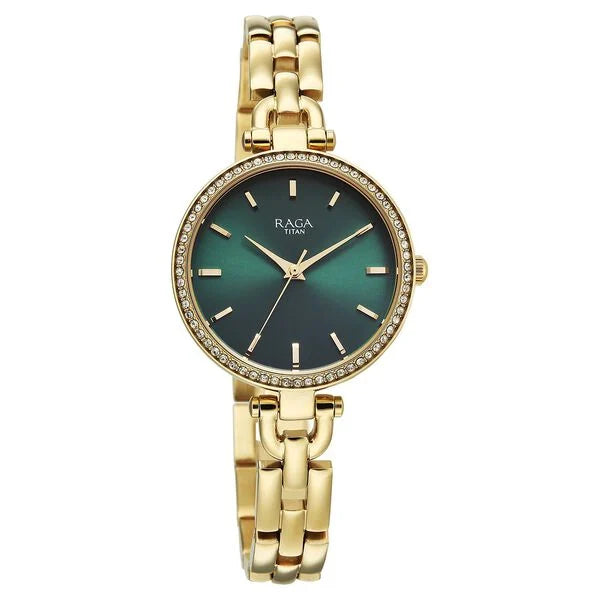 Titan Raga Showstopper Quartz Analog Green Dial Golden Metal Strap Watch For Women nu95345ym01