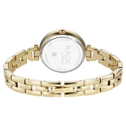 Titan Raga Showstopper Quartz Analog Green Dial Golden Metal Strap Watch For Women nu95345ym01