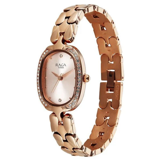 Titan Raga Showstopper Quartz Analog Rose Gold Dial Rose Gold Metal Strap Watch For Women NU95347WM01