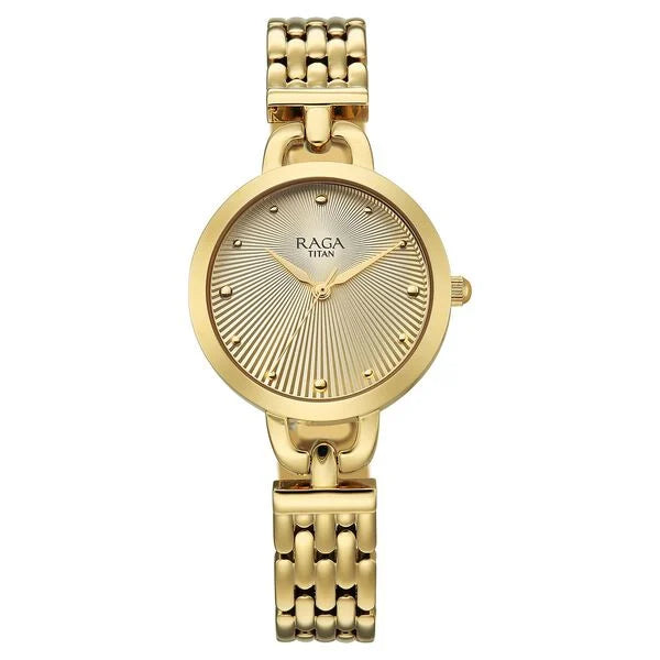 Titan Raga Showstopper Quartz Analog Silver Dial Golden Metal Strap Watch For Women nu95349ym01