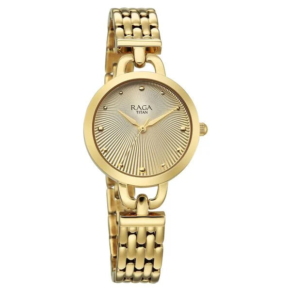 Titan Raga Showstopper Quartz Analog Silver Dial Golden Metal Strap Watch For Women nu95349ym01
