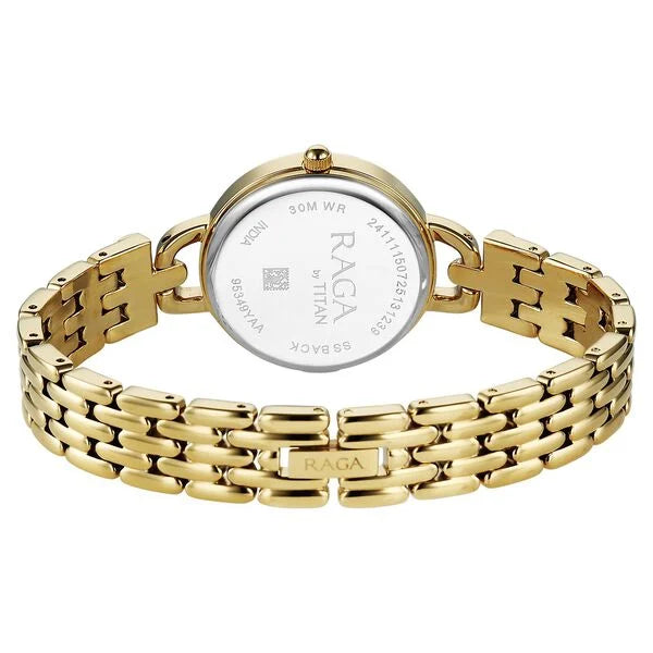 Titan Raga Showstopper Quartz Analog Silver Dial Golden Metal Strap Watch For Women nu95349ym01