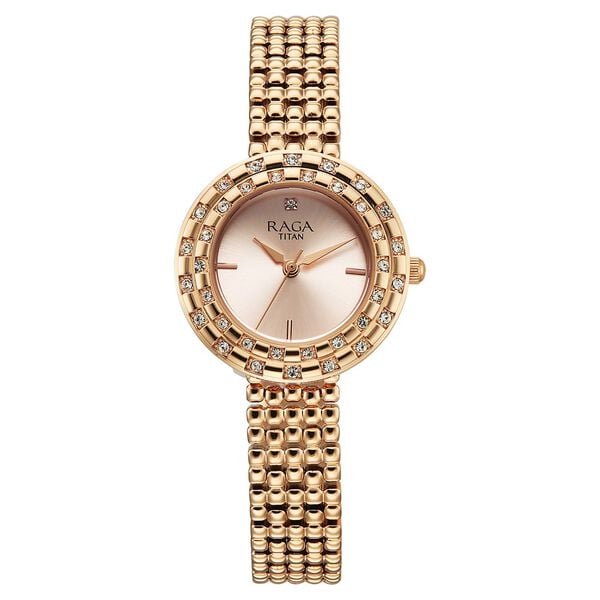 Titan Raga Showstopper Quartz Analog Rose Gold Dial Metal Strap Watch For Women 95350wm01