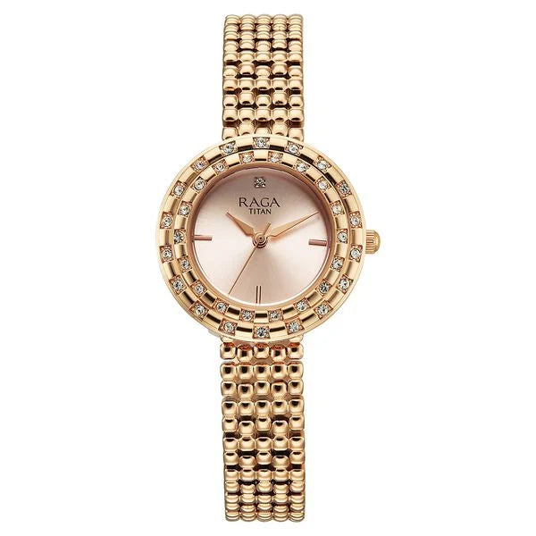Titan Raga Showstopper Quartz Analog Rose Gold Dial Metal Strap Watch For Women nu95350wm01