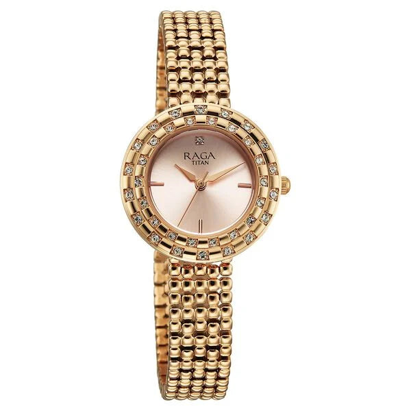 Titan Raga Showstopper Quartz Analog Rose Gold Dial Metal Strap Watch For Women nu95350wm01