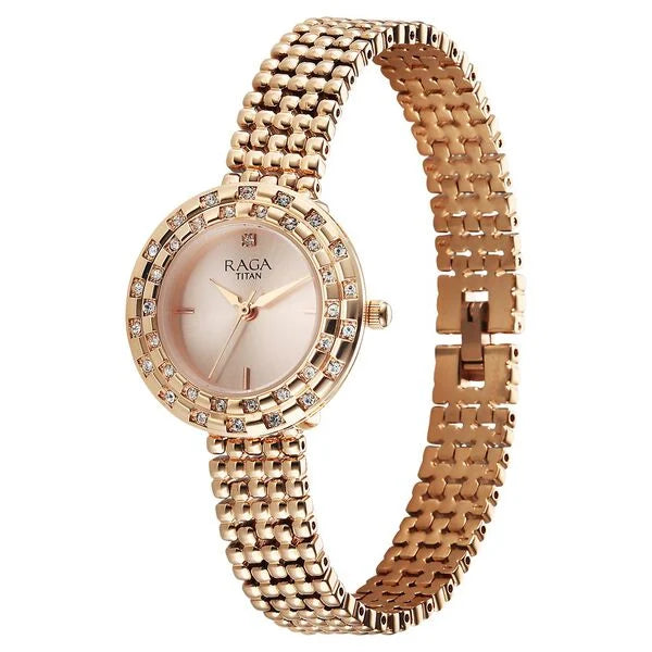 Titan Raga Showstopper Quartz Analog Rose Gold Dial Metal Strap Watch For Women nu95350wm01