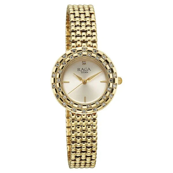 Titan Raga Showstopper Quartz Analog Champagne Dial Metal Strap Watch For Women nu95350ym01