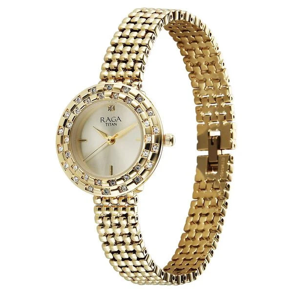 Titan Raga Showstopper Quartz Analog Champagne Dial Metal Strap Watch For Women nu95350ym01