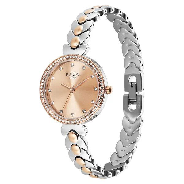Titan Raga Showstopper Quartz Analog Rose Gold Dial Two Toned Metal Strap Watch For Women nu95357km01