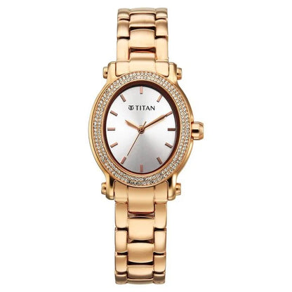 Titan Purple Glamour Quartz Analog Silver Dial Rose Gold Stainless Steel Strap Watch For Women 95359wm01