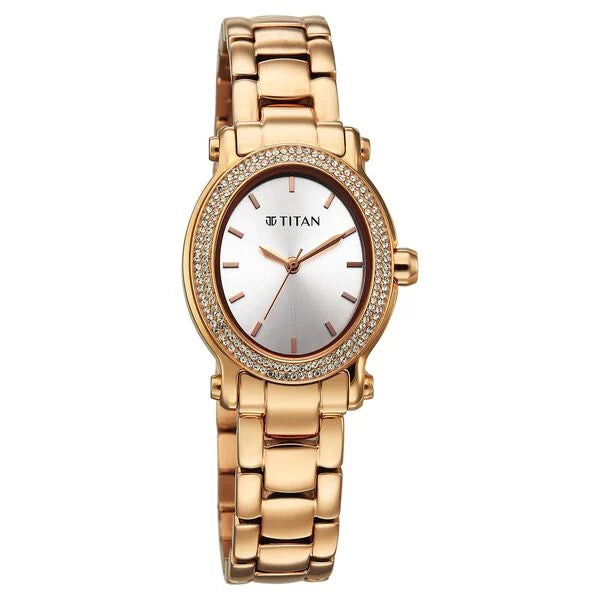 Titan Purple Glamour Quartz Analog Silver Dial Rose Gold Stainless Steel Strap Watch For Women 95359wm01