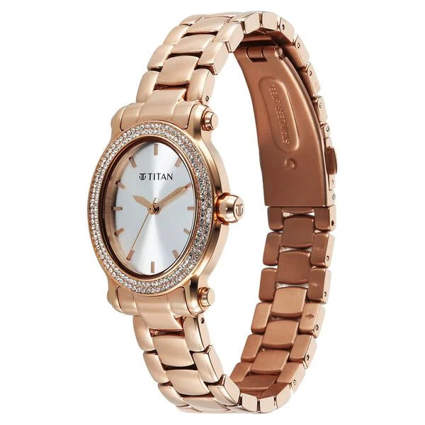 Titan Purple Glamour Quartz Analog Silver Dial Rose Gold Stainless Steel Strap Watch For Women 95359wm01