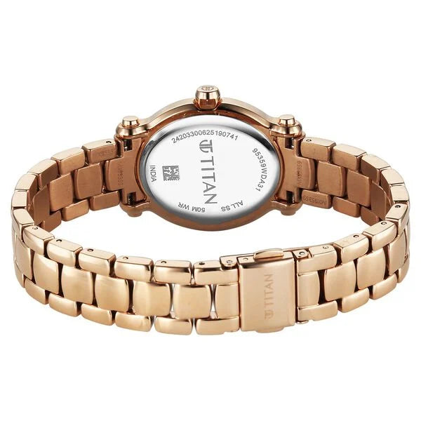 Titan Purple Glamour Quartz Analog Silver Dial Rose Gold Stainless Steel Strap Watch For Women 95359wm01