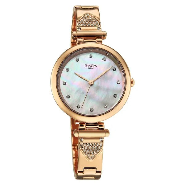 Titan Raga Glimmers Quartz Analog Mother of Pearl Dial Rose Gold Metal Strap Watch For Women nu95363wm01