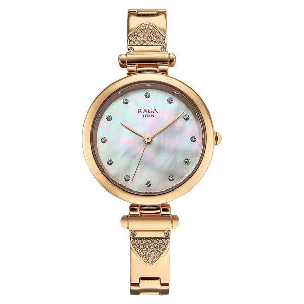 Titan Raga Glimmers Quartz Analog Mother of Pearl Dial Rose Gold Metal Strap Watch For Women nu95363wm01