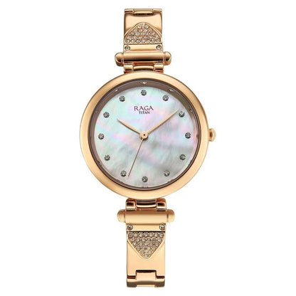 Titan Raga Glimmers Quartz Analog Mother of Pearl Dial Rose Gold Metal Strap Watch For Women nu95363wm01