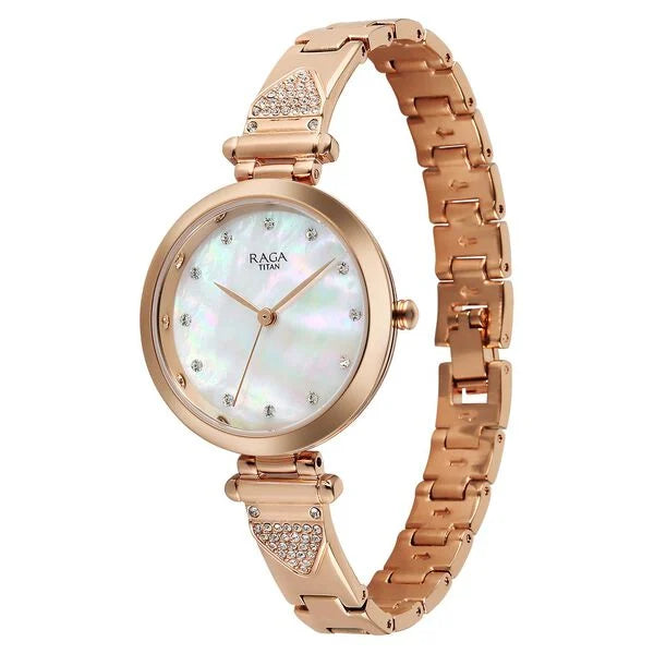 Titan Raga Glimmers Quartz Analog Mother of Pearl Dial Rose Gold Metal Strap Watch For Women nu95363wm01