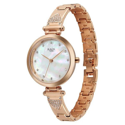Titan Raga Glimmers Quartz Analog Mother of Pearl Dial Rose Gold Metal Strap Watch For Women nu95363wm01