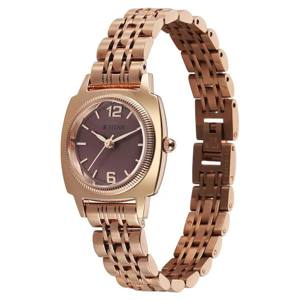 Titan Eminence Quartz Analog Red Dial Rose Gold Strap Watch For Women 95366wm01