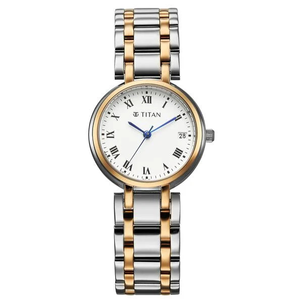 Titan Eminence Workwear Quartz Analog White Dial Two Toned Metal Strap Watch For Women nu95370km01