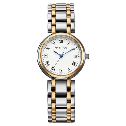 Titan Eminence Workwear Quartz Analog White Dial Two Toned Metal Strap Watch For Women nu95370km01