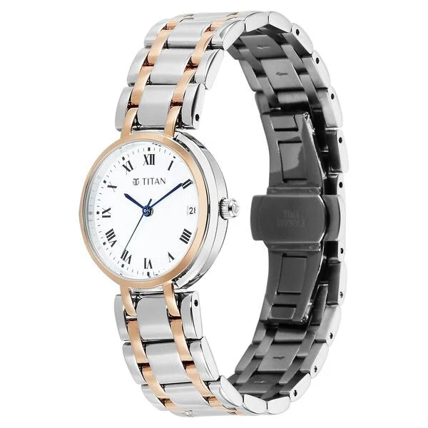 Titan Eminence Workwear Quartz Analog White Dial Two Toned Metal Strap Watch For Women nu95370km01