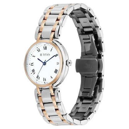 Titan Eminence Workwear Quartz Analog White Dial Two Toned Metal Strap Watch For Women nu95370km01